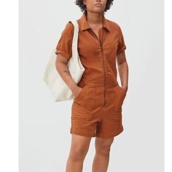 Everlane The Denim Short Coverall Organic Cotton Brown Rust Romper 6 - Picture 1 of 14